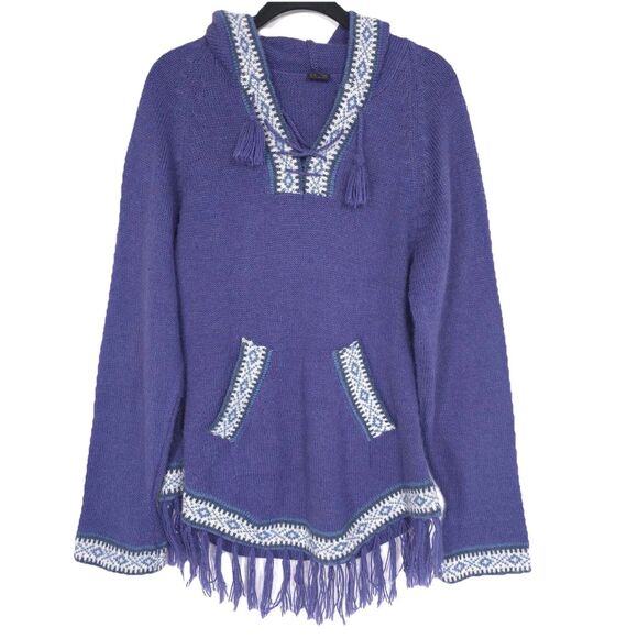 ALPACA FINA Pullover Poncho Sweater Hooded Tasseled Purple Knit Fine PERU MADE